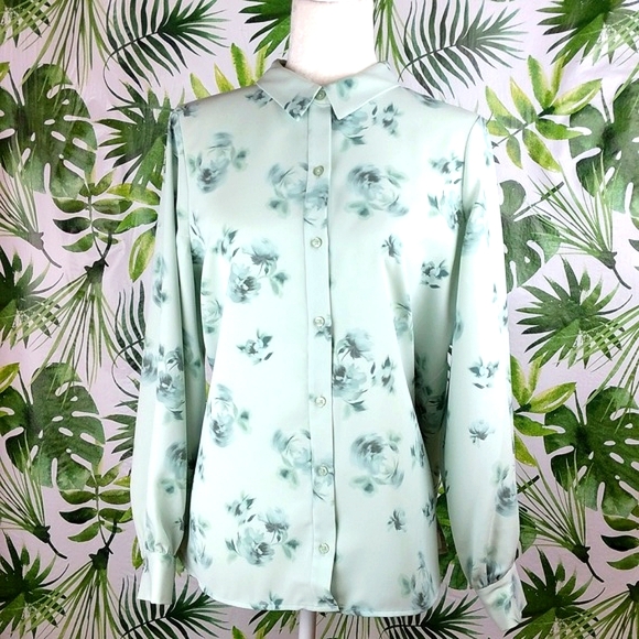 NWT Alfani Seafoam Green Floral Button Down Blouse (Size: Medium) - Picture 1 of 15